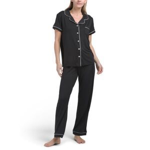 BORN Black White Button Down Notched Collar Short Sleeve Long Pants Pajama Set